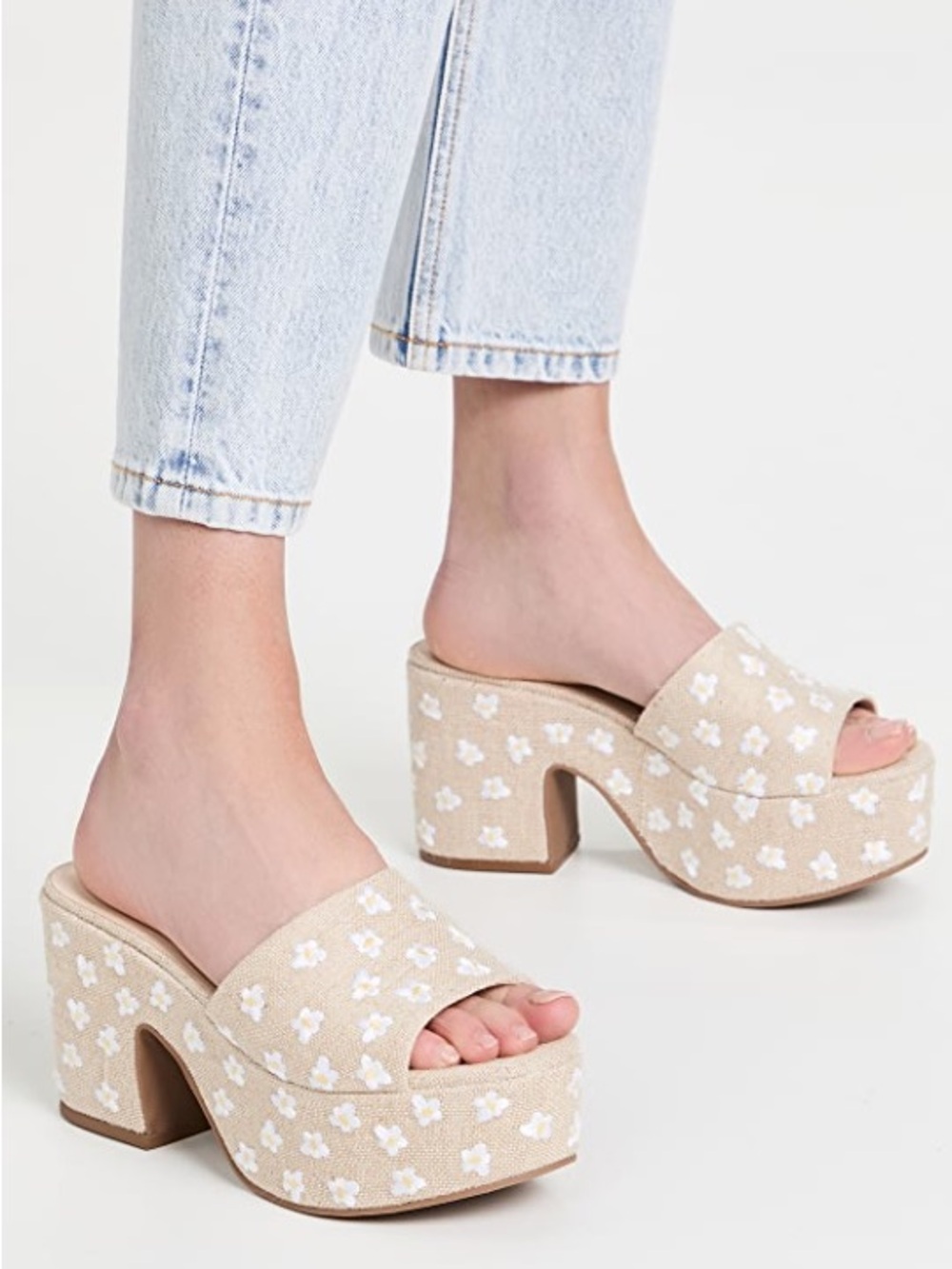 Larroude Miso Platform Sandals w/White Floral Embroidery, Size 7, Retail $315